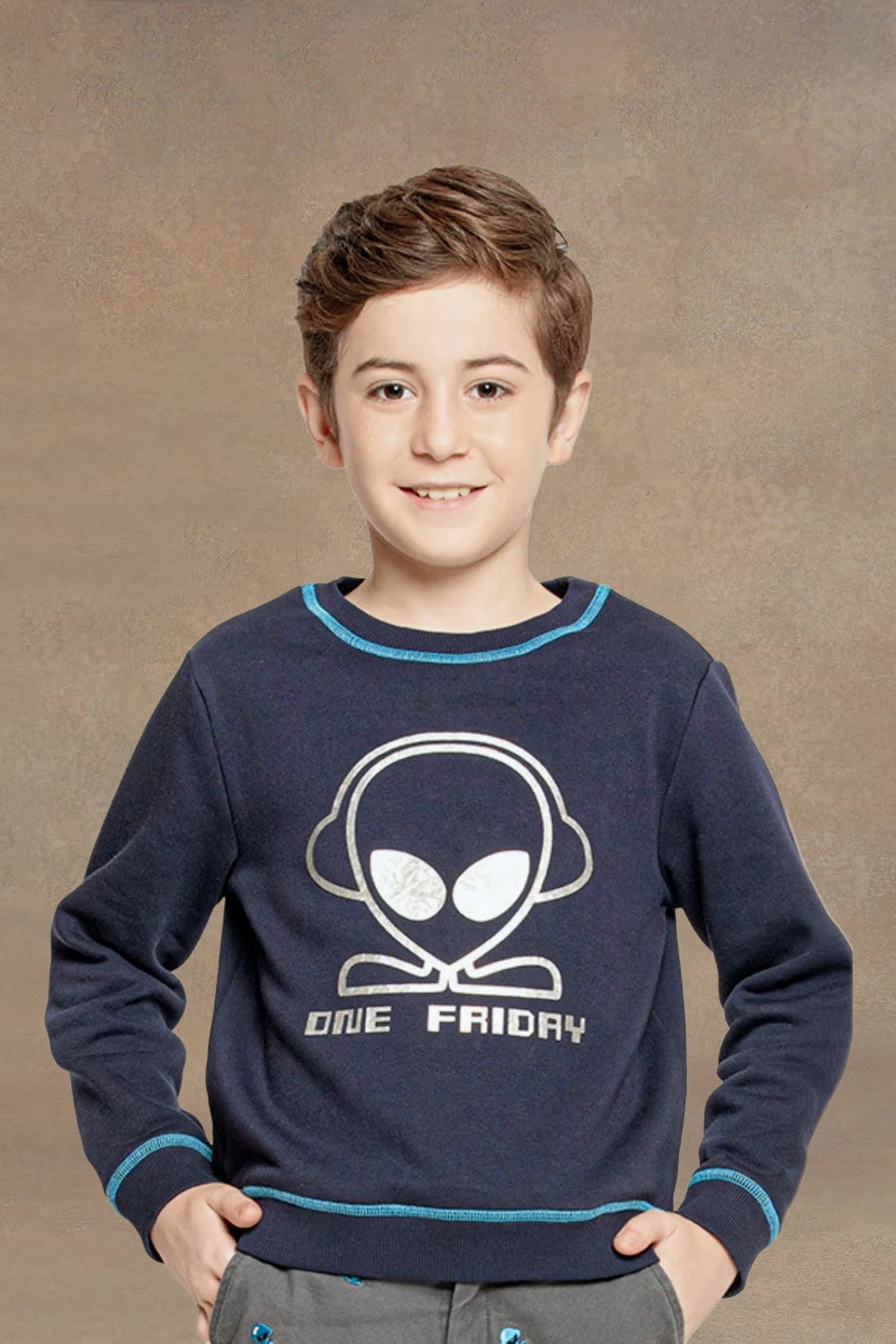 One Friday Kids Boys Navy Blue Alien Printed Sweatshirt