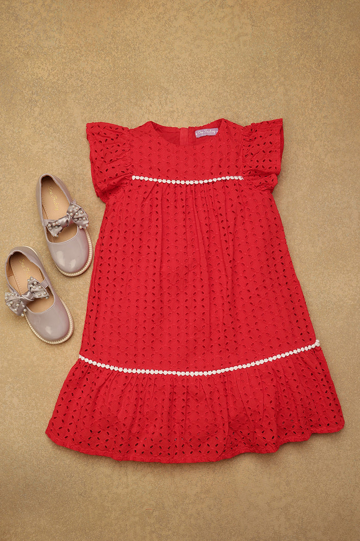 One Friday Girls Red Schiffli Cotton Dress