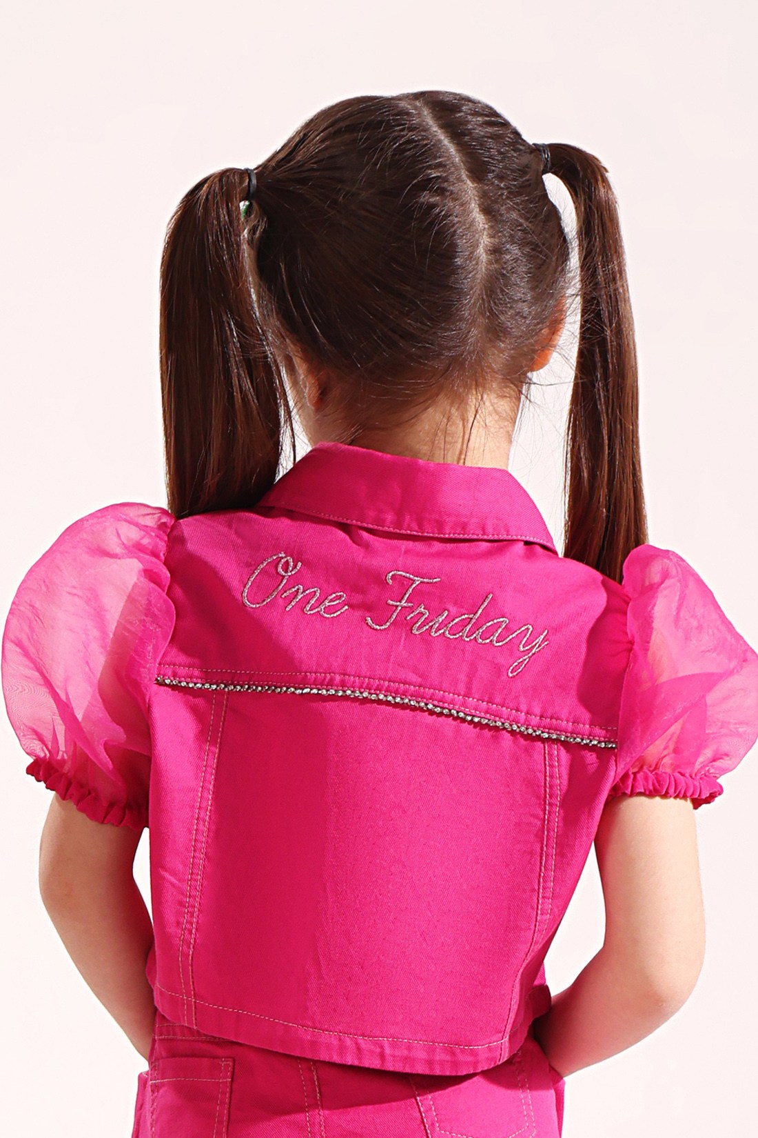 One Friday Kids Girls Collared Cotton Pink Jacket Crop Top