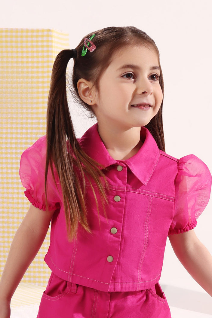 One Friday Kids Girls Collared Cotton Pink Jacket Crop Top