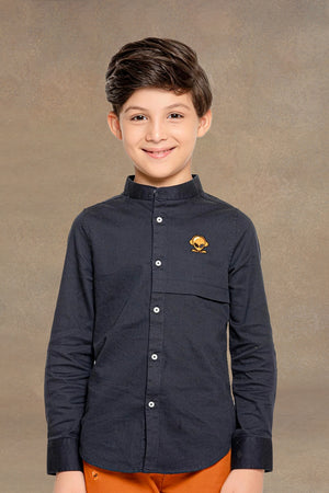 One Friday Kids Boys Navy Blue Mandarin Collared Shirt