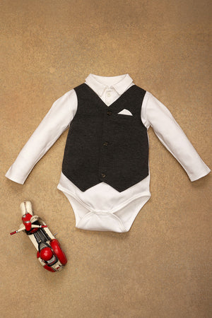 One Friday Baby Boys Grey Solid BodySuit With Waistcoat