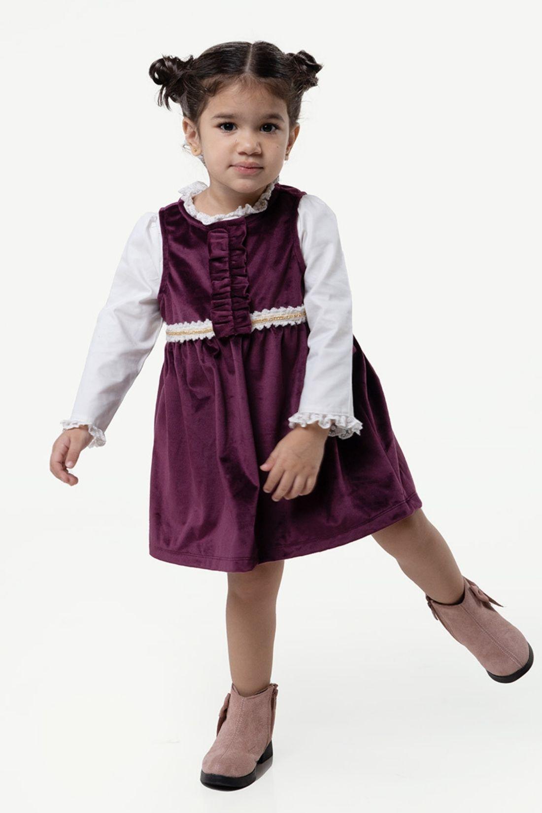 One Friday Baby Girls Wine Round Neck Dress With Top - One Friday World
