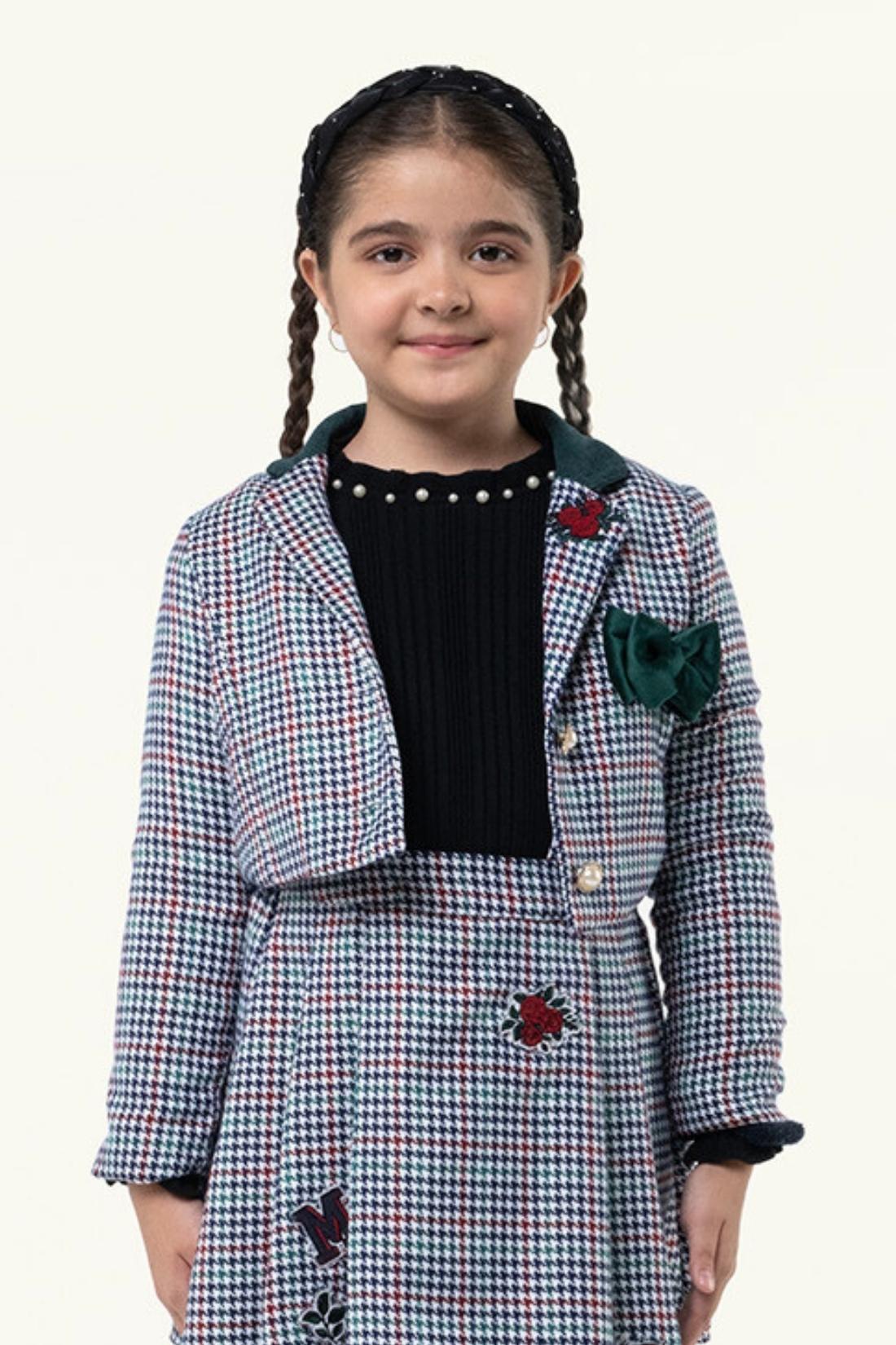 One Friday Kids Girls Multi Check Blazer with Minnie Mouse Embroidery at back