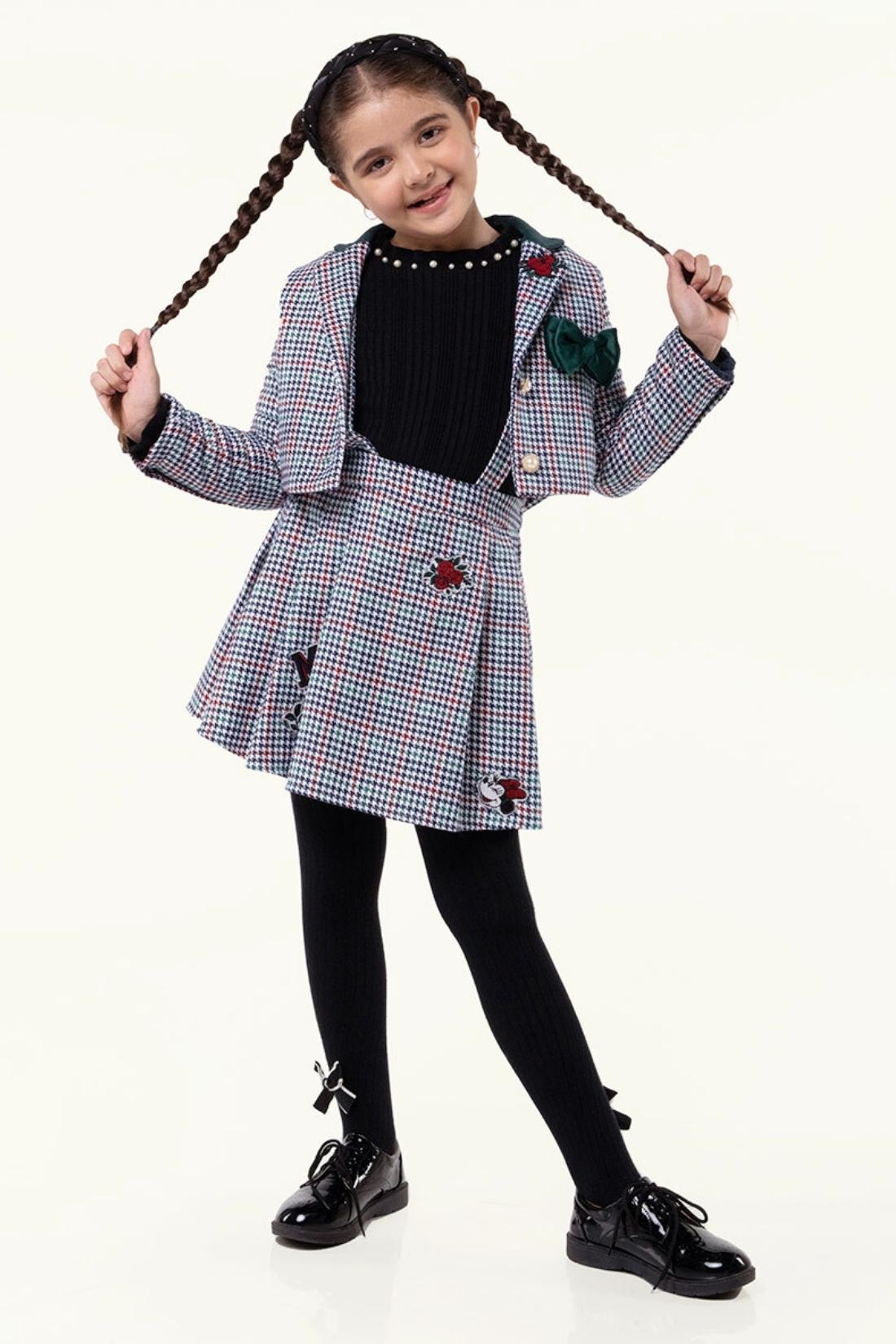 One Friday Kids Girls Multi Check Blazer with Minnie Mouse Embroidery at back