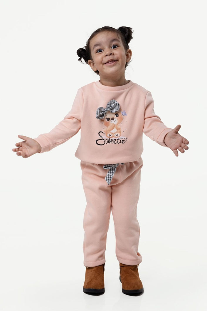 Peach Round Neck Cotton Sweatshirt With Trouser Set For Baby Girls