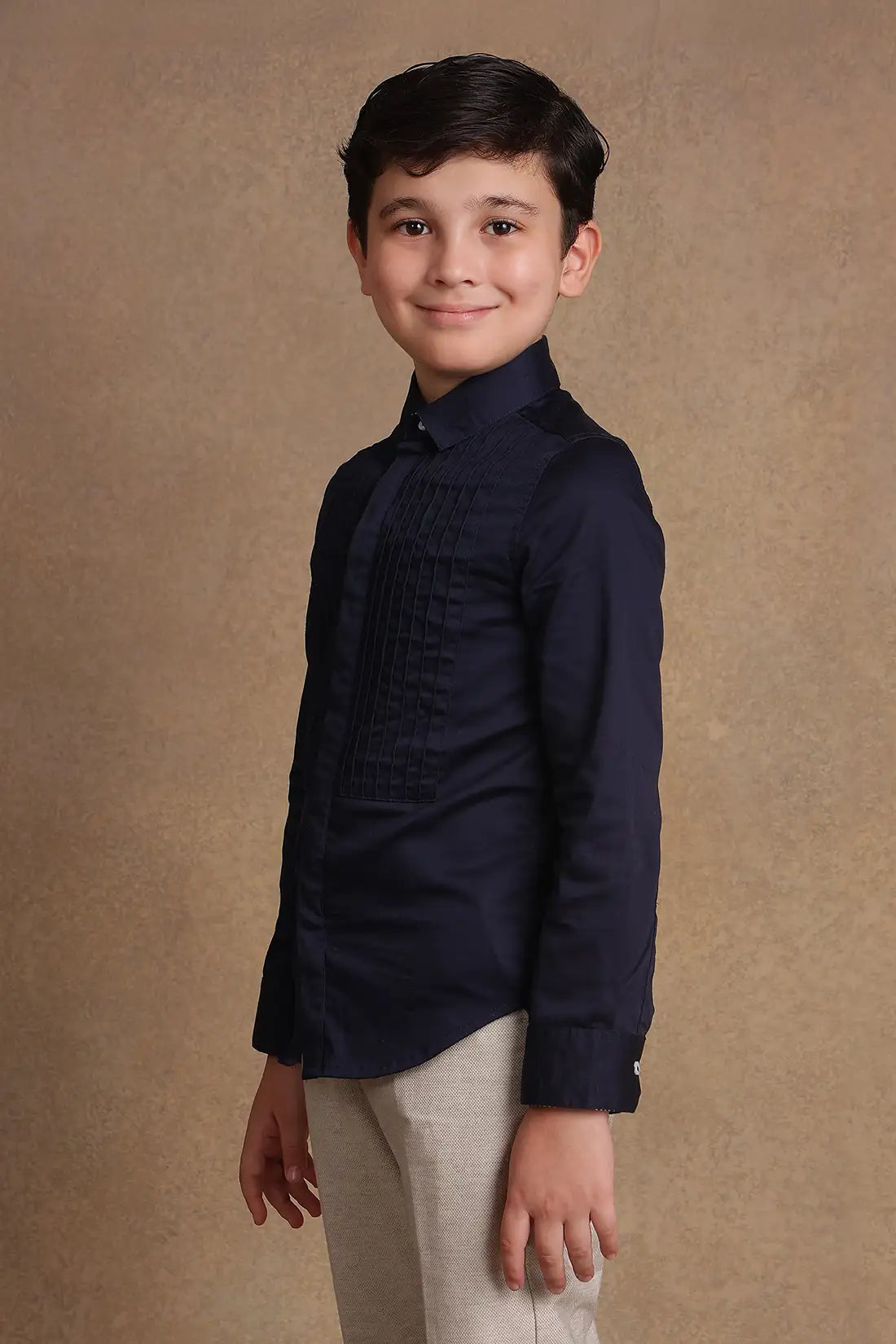 One Friday Kids Boys Navy Blue Pintuck Slim Fit Shirt