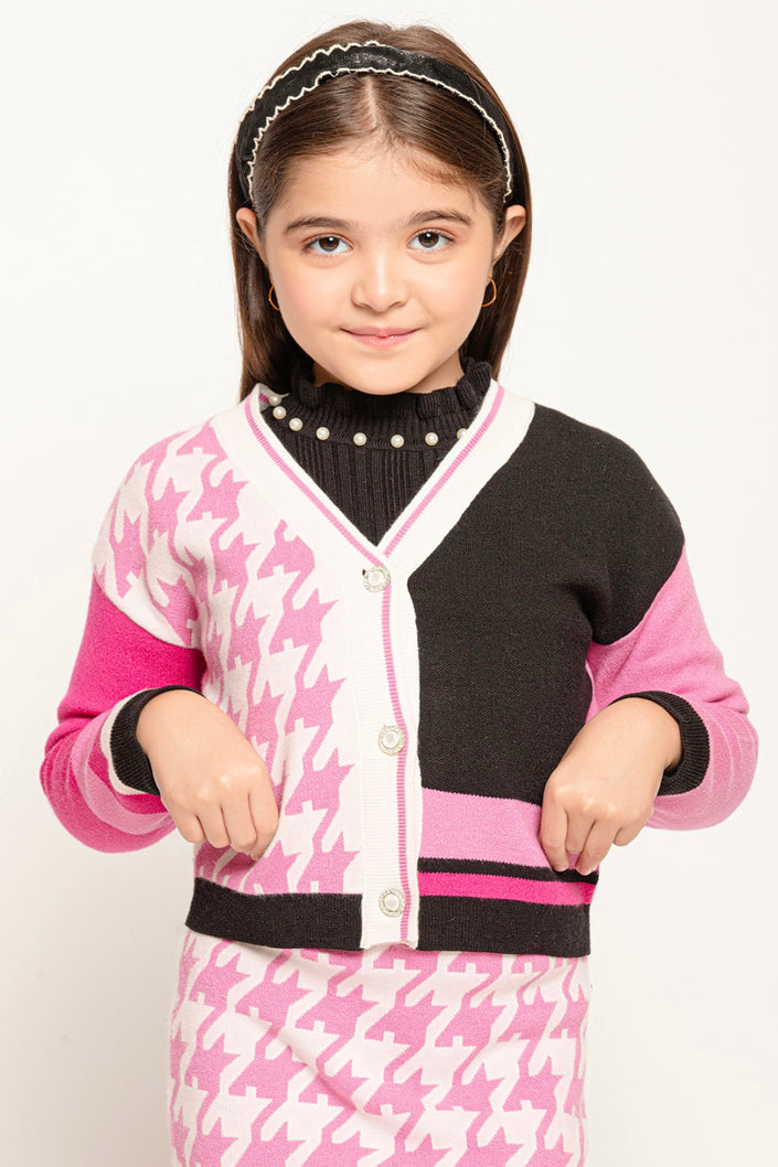 One Friday Kids Girls Pink Abstract Knitted Sweater