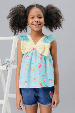 One Friday Kids Girls Aqua Cupcake Printed Bow Top