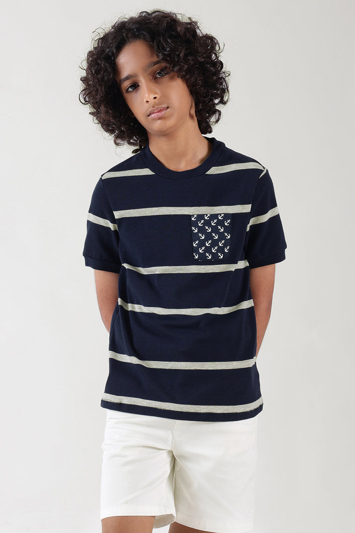 Boys Blue Regular Fit Short Sleeve Striped T-Shirts by One Friday