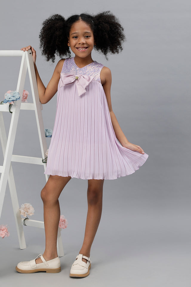 One Friday Kids Girls Lilac Bow & Sequined  Pleated Party Dress