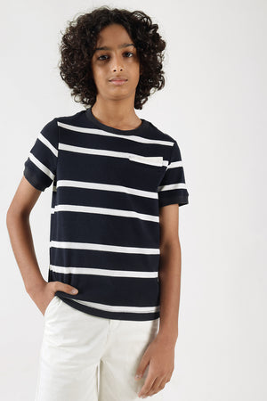 Boys Navy Blue Regular Fit Short Sleeve Striped T-Shirts By One Friday