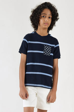 Boys Navy & Light Blue Stripe T-Shirt with Anchor Chest Pocket By One Friday