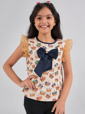 One Friday Kids Girls Crown Printed Top With Navy Blue Bow - One Friday World
