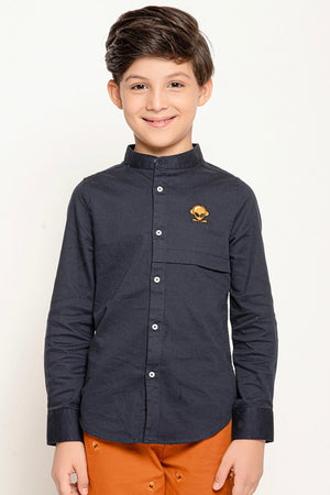 One Friday Kids Boys Navy Blue Mandarin Collared Shirt