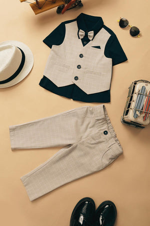 One Friday Baby Boys Checkered Beige Waistcoat and Trouser Set - One Friday World