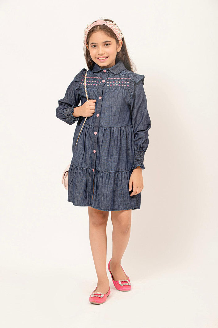 One Friday Kids Girls Puff Sleeves Cotton Denim Dress - One Friday World