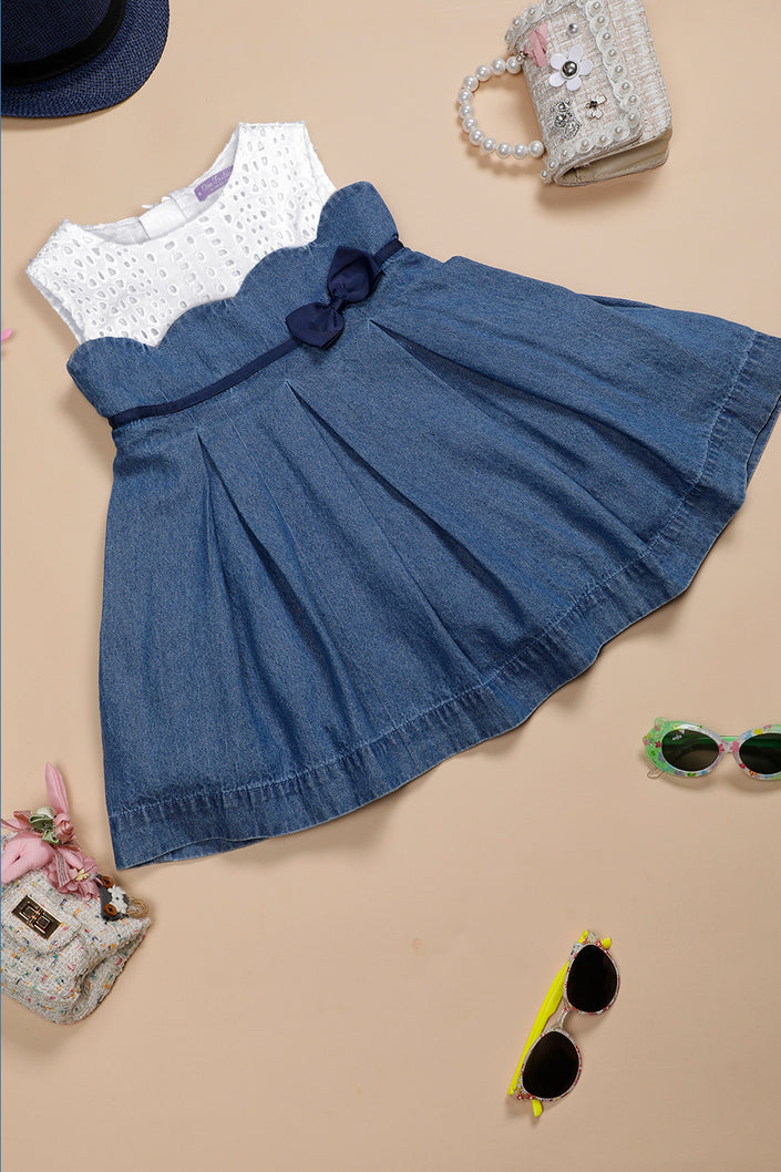 One Friday Infant Girls Cotton White & Blue Denim Dress