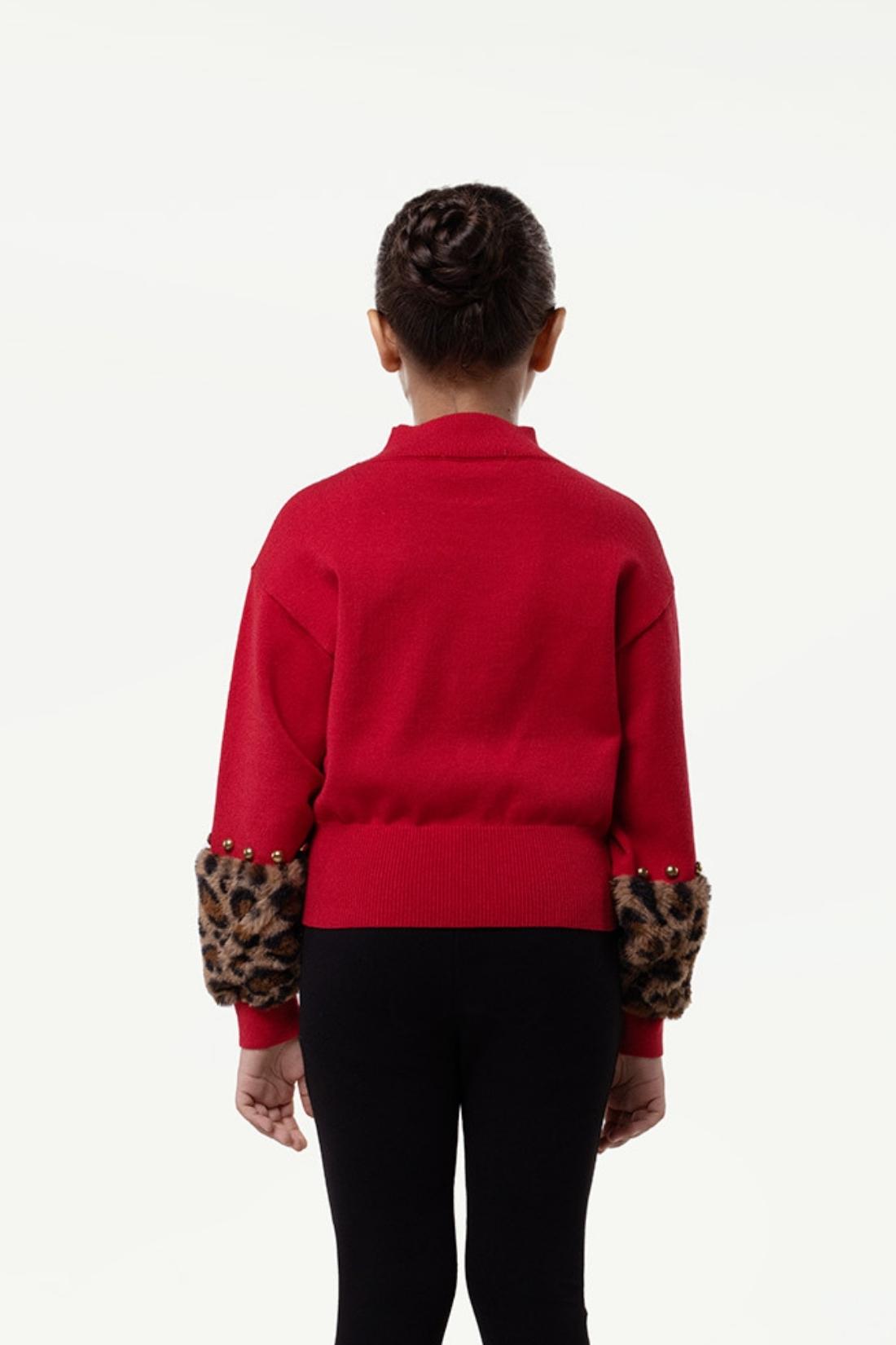 One Friday Kids Girl Red Pullover Sweater with Animal Printed Cuff