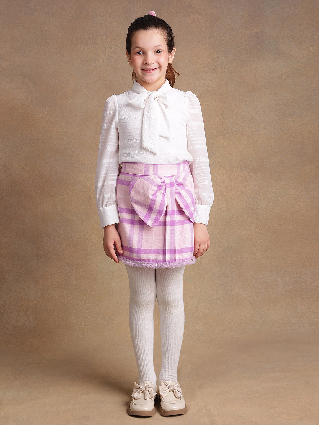 One Friday Kids Girls Pink & Lilac Checkered  Woollen Bow Skirt