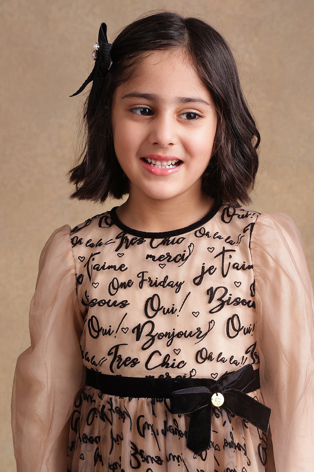 One Friday Kids Girls Beige Text Print Dress