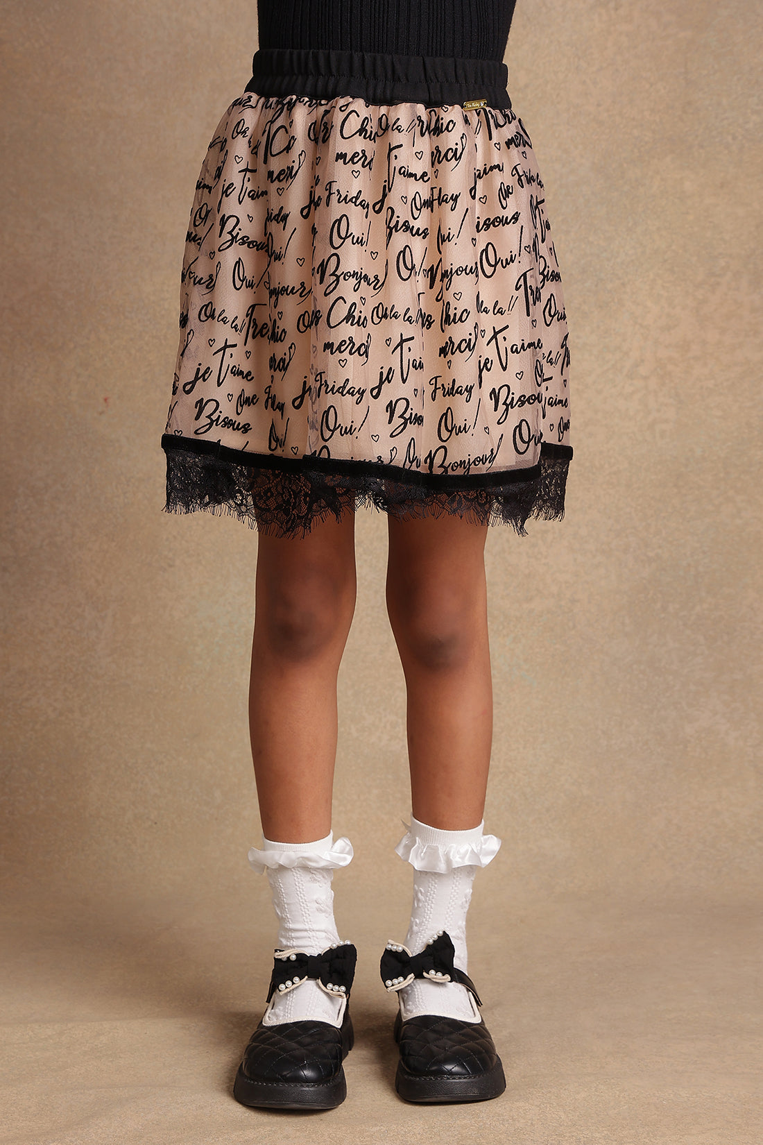 One Friday Kids Girls Beige Text Print Skirt