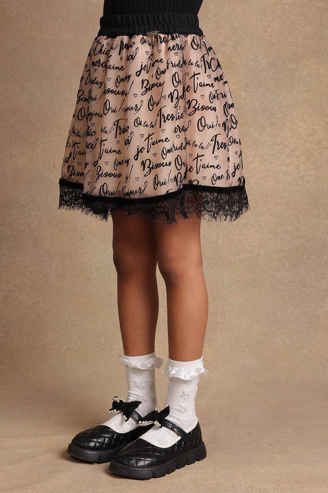 One Friday Kids Girls Beige Text Print Skirt