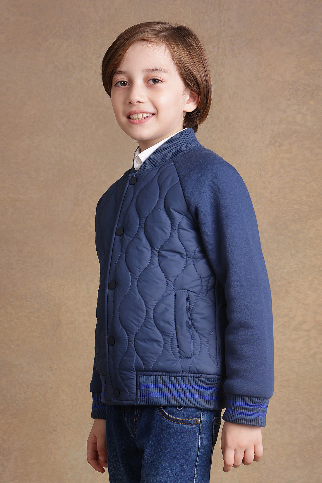 One Friday Kids Boys Navy Blue Quilted Stand Collared Jacket