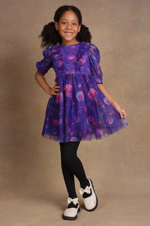 One Friday Kids Girls Blue Cosmic Print Dress