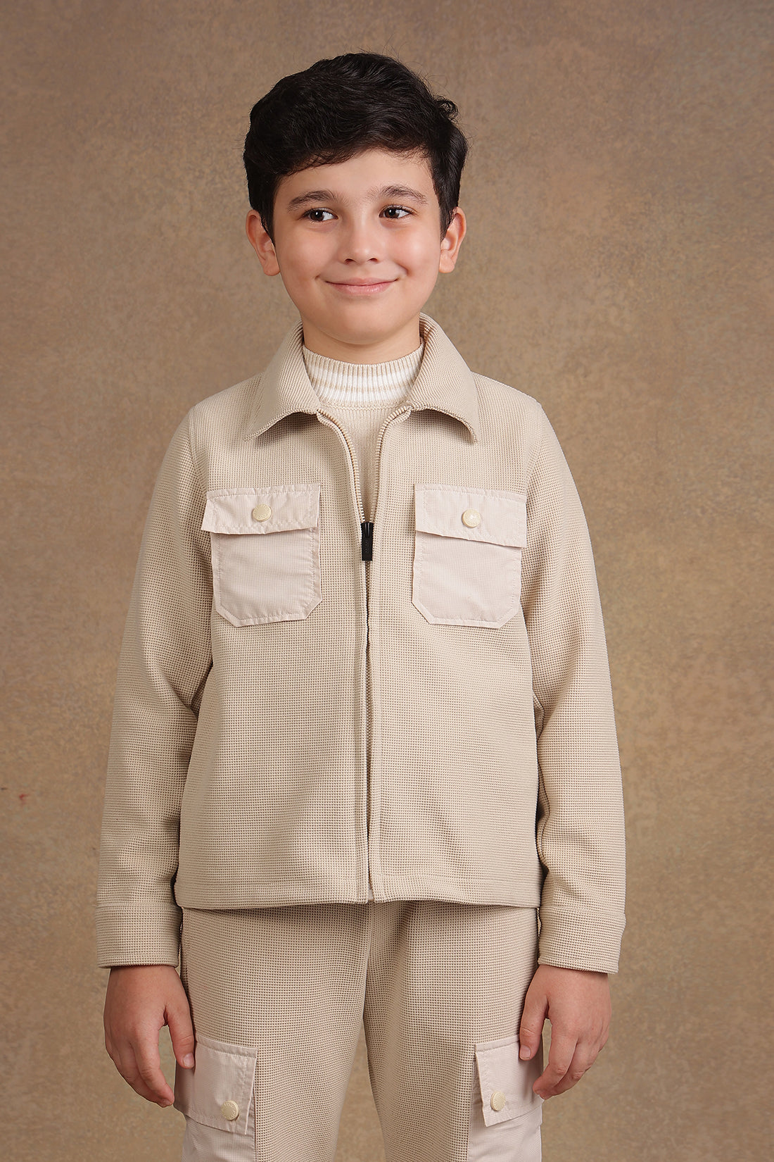 One Friday Kids Boys Beige Solid Jacket