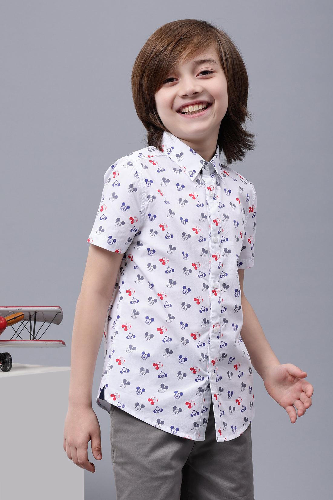 One Friday Kids Boys Mickey Printed White Cotton Shirt - One Friday World
