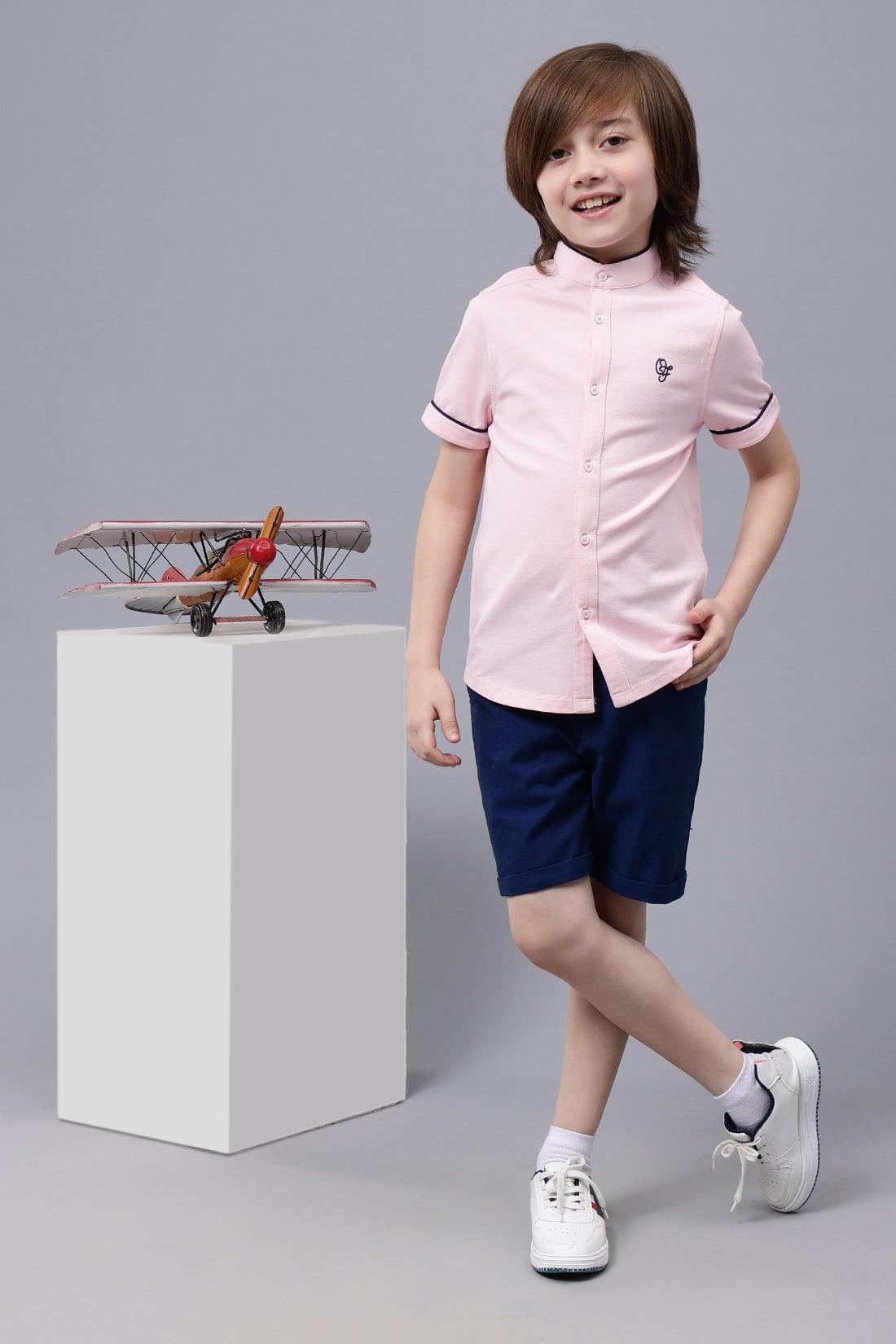 One Friday Kids Boys Pink Mandarin Collar Cotton Shirt - One Friday World