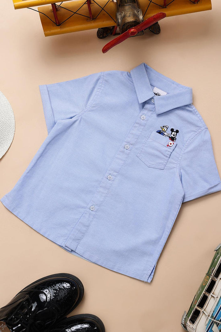 One Friday Infant Boys 100% Cotton Short Sleeve Blue Shirt With Front Pocket Embroidery - One Friday World