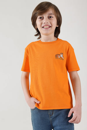 Boys Orange Round Neck Half Sleeve Solid T-Shirts By One Friday