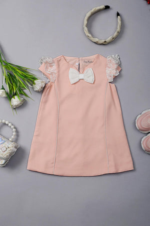 One Friday Baby Girls Peach Laced Sleeves Dress - One Friday World