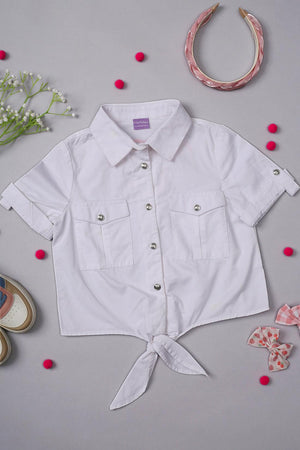 One Friday Kids Girls White Cotton Half Sleeves Top with Tie-up Knot - One Friday World