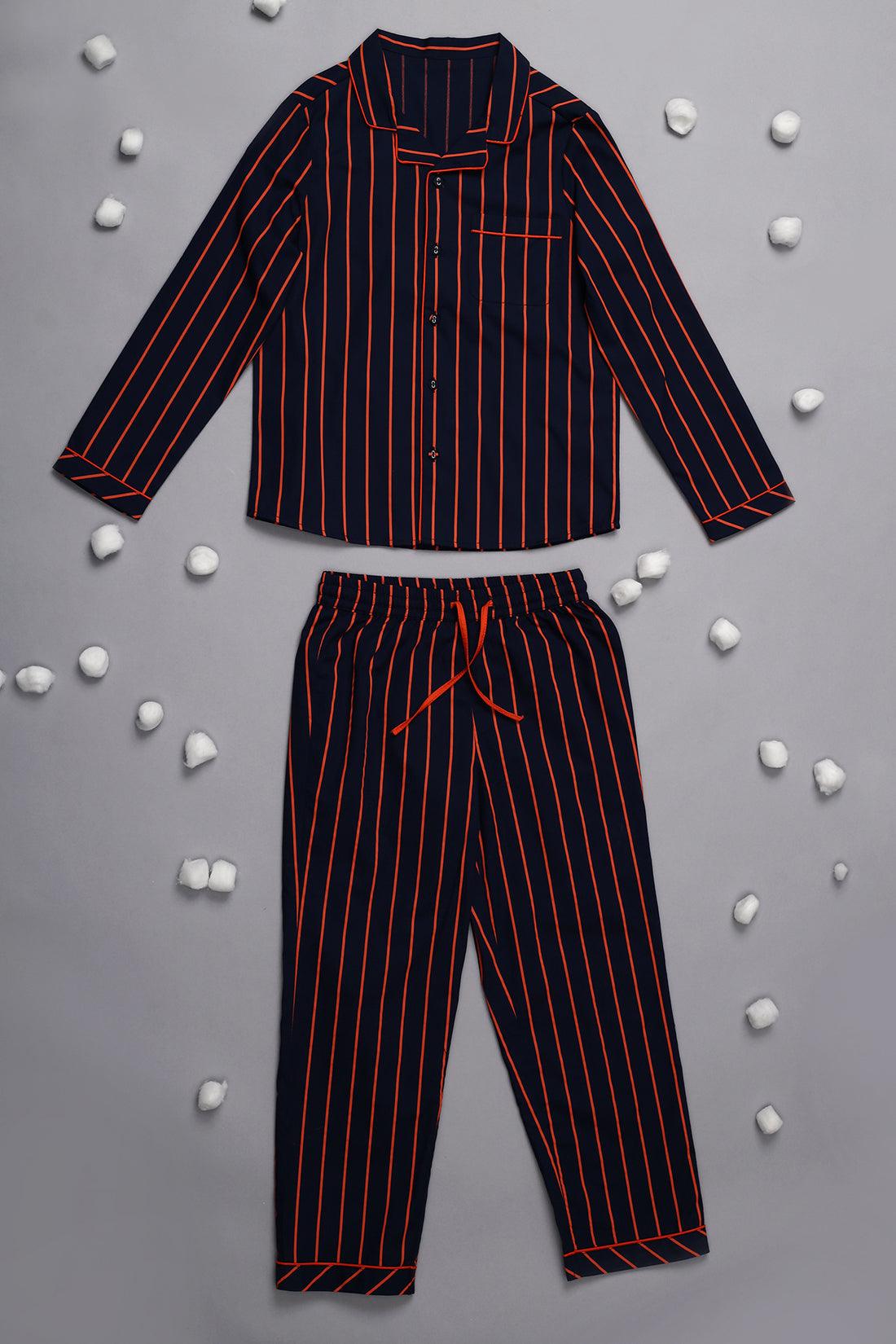 One Friday Kids Boys Navy Blue Stripes Night Suit - One Friday World