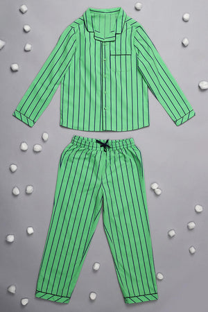 One Friday Kids Boys Green Stripes Night Suit - One Friday World