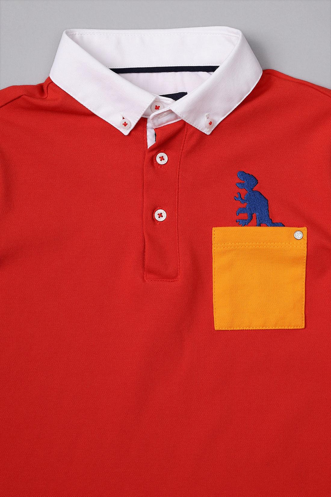 One Friday Boys Red Cotton Polo Neck Dino T-shirt - One Friday World