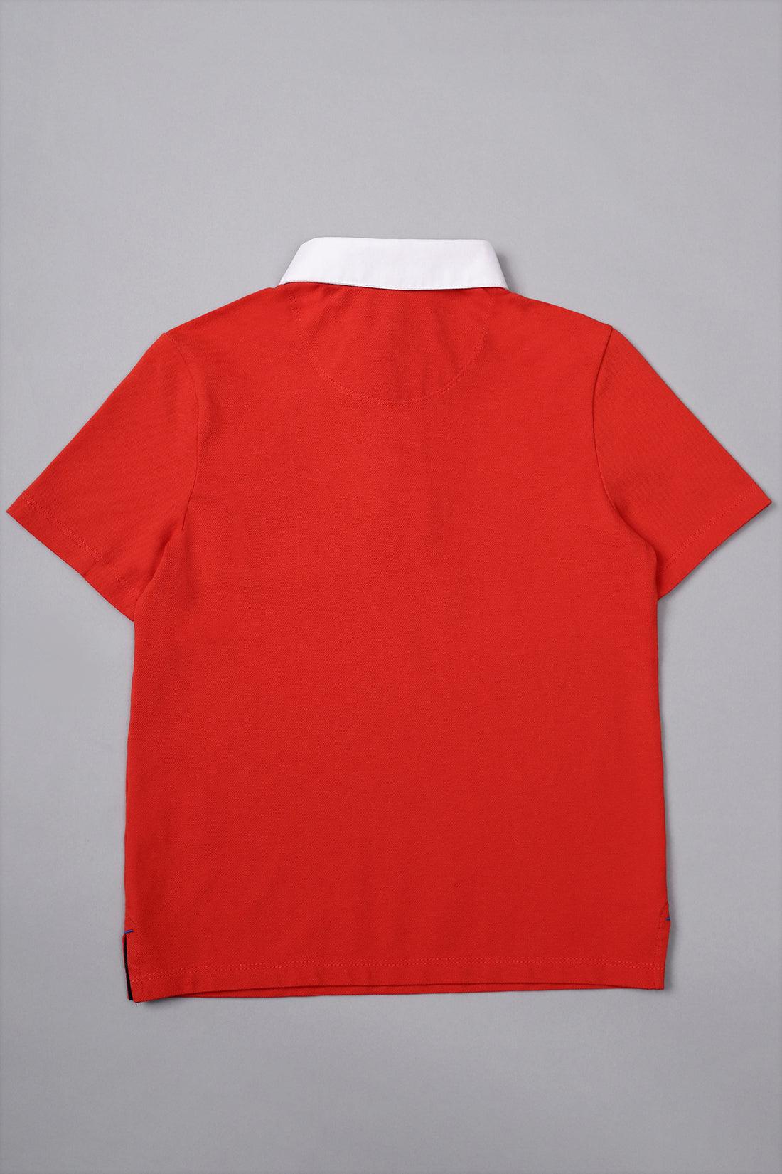 One Friday Boys Red Cotton Polo Neck Dino T-shirt - One Friday World