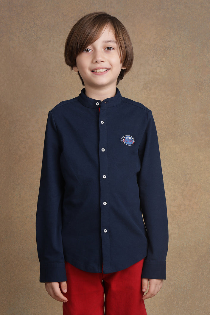 One Friday Kids Boys Navy Blue Mandarin Collar Shirt