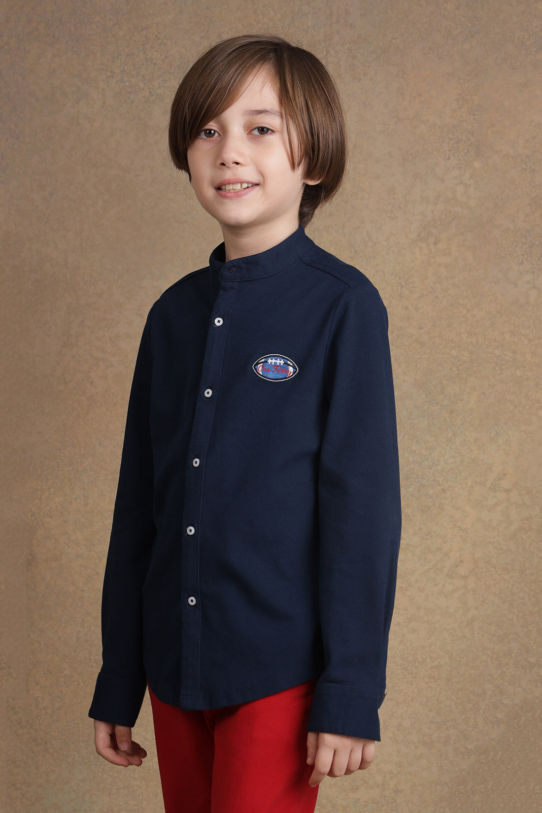 One Friday Kids Boys Navy Blue Mandarin Collar Shirt