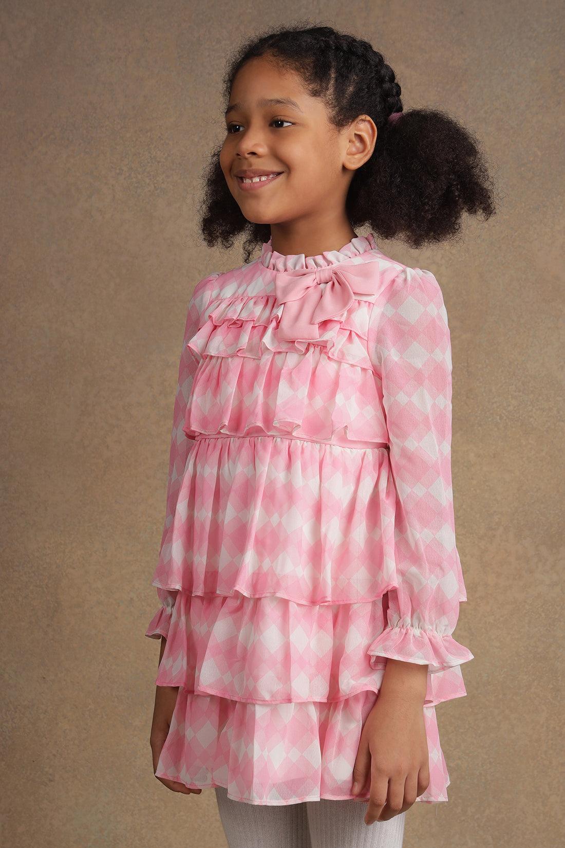 One Friday Kids Girls Pink & White Checkered Frill Dress