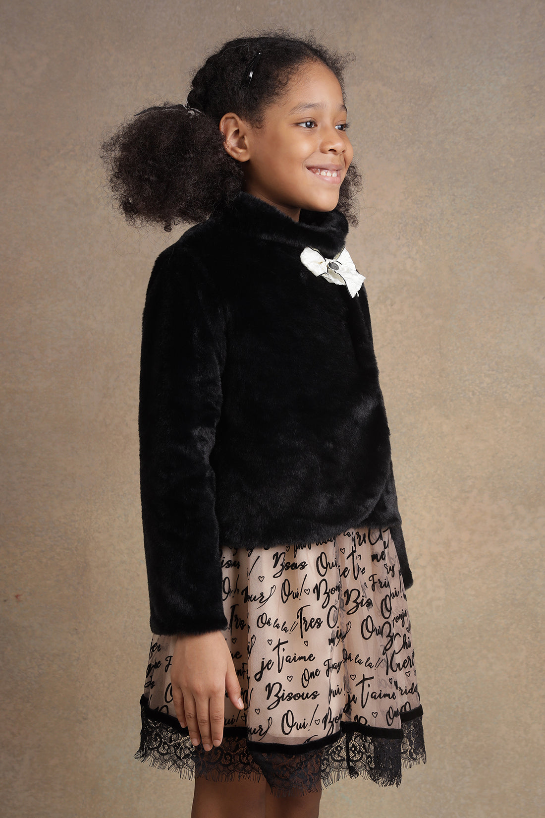 One Friday Kids Girls Black Fur Jacket