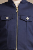 One Friday Girls Navy Blue Solid Jacket with embroidery