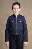 One Friday Girls Navy Blue Solid Jacket with embroidery