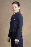 One Friday Girls Navy Blue Solid Jacket with embroidery