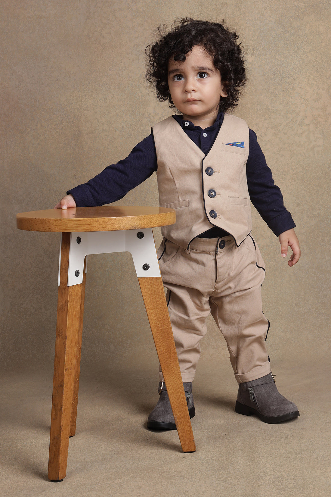 One Friday Baby Boys Beige Solid Waistcoat T-Shirt With Trouser