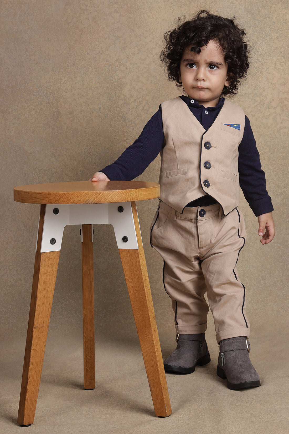 One Friday Baby Boys Beige Solid Waistcoat T-Shirt With Trouser