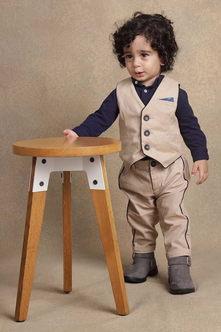 One Friday Baby Boys Beige Solid Waistcoat T-Shirt With Trouser